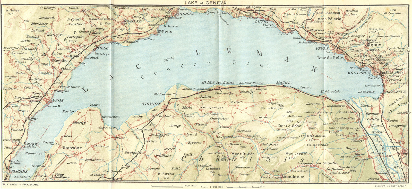 SWITZERLAND. Lake of Geneva 1923 old antique vintage map plan chart